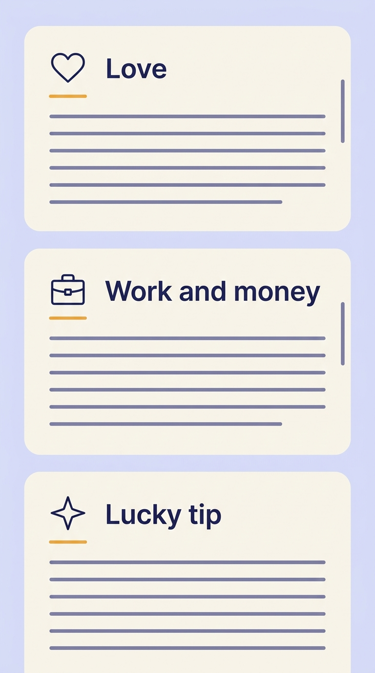 Smartphone screen showing an opened daily horoscope formatted with love, work, money, and lucky guidance blocks